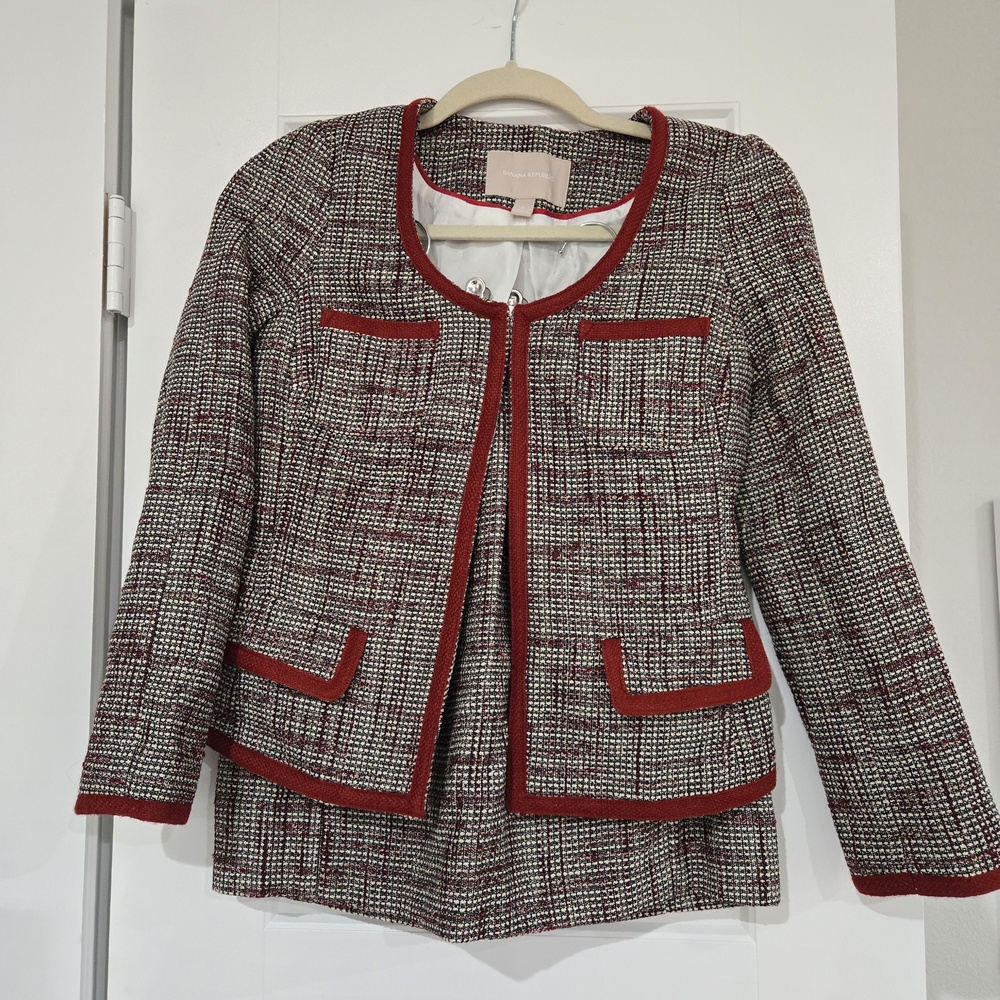Banana Republic Burgundy and White Tweed Blazer And Skirt